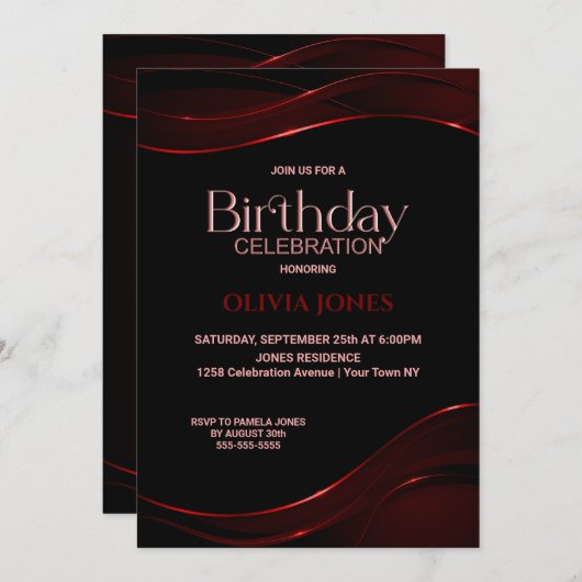 Moderne Black Red Birthday Party Einladung (Vorne/Hinten)