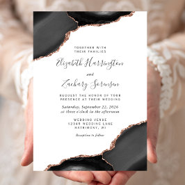 Moderne Black Rose Gold Agate Corners Wedding Einladung