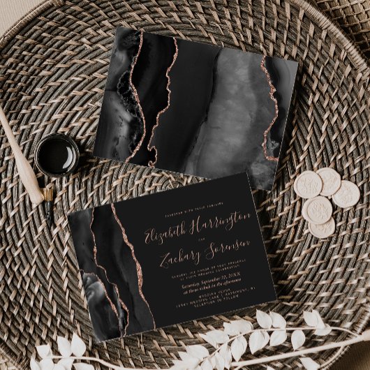 Moderne Black Rose Gold Agate Dark Wedding Einladung