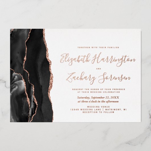 Moderne Black Rose Gold Agate Hochzeit Folieneinladung (Vorderseite)
