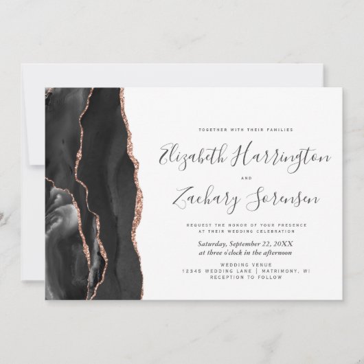 Moderne Black Rose Gold Agate Hochzeitseinladung Einladung (Vorderseite)