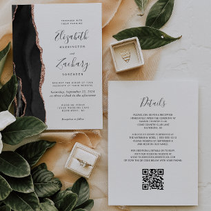 Moderne Black Rose Gold Agate QR Code Hochzeit Einladung