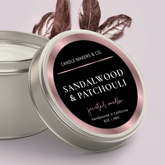 Moderne Black & Rose Gold Candle Jar Lid Runder Aufkleber