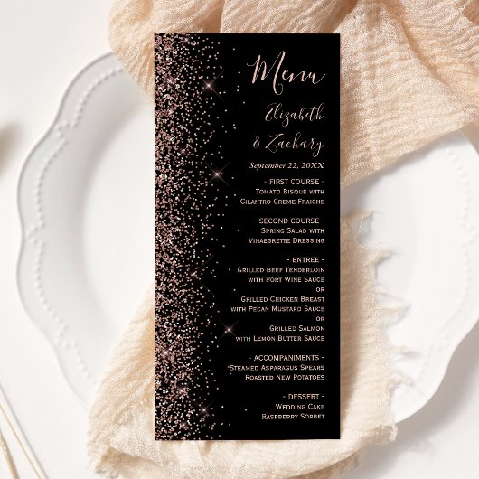 Moderne Black Rose Gold Glitzer Edge Wedding Menükarte
