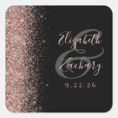 Moderne Black Rose Gold Glitzer Edge Wedding Quadratischer Aufkleber (Vorderseite)