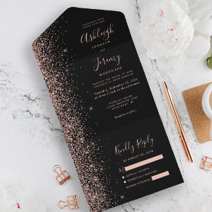 Moderne Black Rose Gold Glitzer Hochzeit All In One Einladung