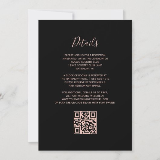 Moderne Black Rose Gold Glitzer QR Code Hochzeit Einladung (Rückseite)