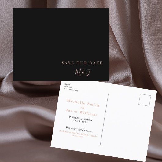 Moderne Black & Rose Gold Save the Date Postkarte