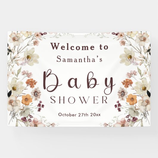 Moderne Black Rustic Boho Wildblume Babydusche Banner (Horizontal)