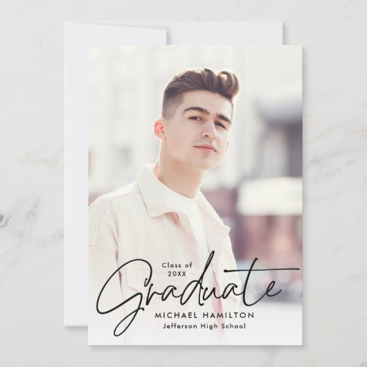 Moderne Black Script 2 Foto Graduation Party Einladung (Vorderseite)