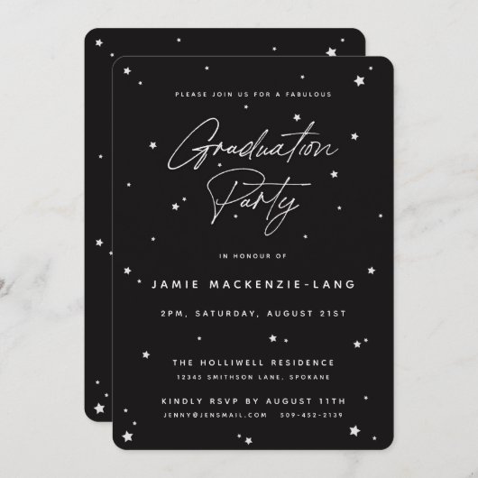 Moderne Black Script and Stars Graduation Party Einladung (Vorne/Hinten)