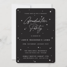 Moderne Black Script and Stars Graduation Party