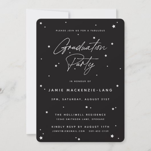 Moderne Black Script and Stars Graduation Party Einladung (Vorderseite)