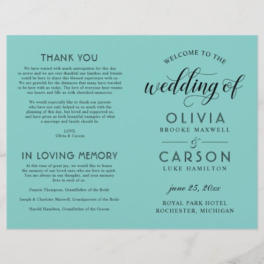 Moderne Black Script Aqua Blue Weddingprogramme (Vorderseite)