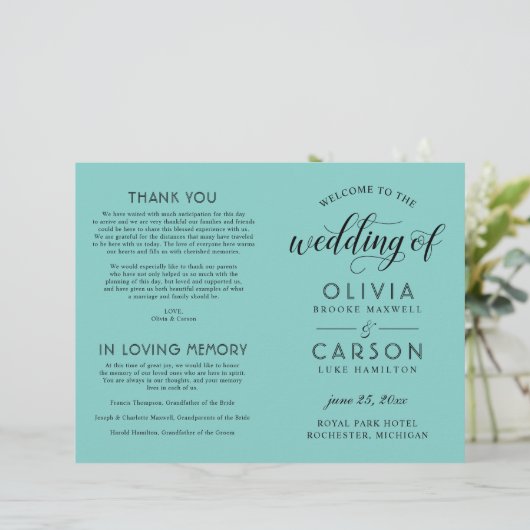 Moderne Black Script Aqua Blue Weddingprogramme (Stehend Vorderseite)