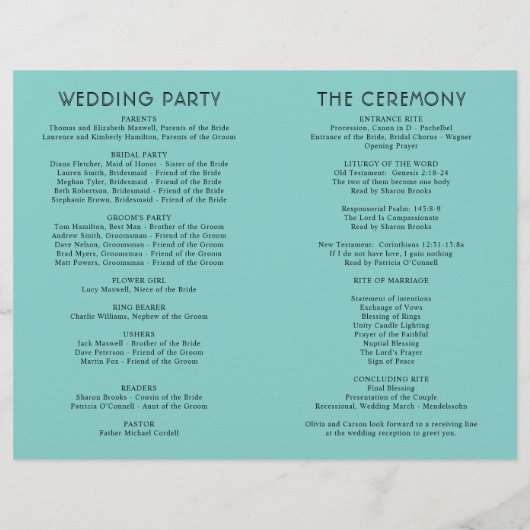 Moderne Black Script Aqua Blue Weddingprogramme (Rückseite)