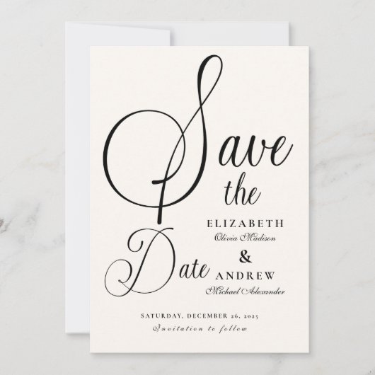 Moderne Black Script Hochzeit Save The Date (Vorderseite)