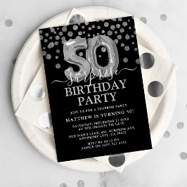 Moderne Black & Silver 50. Überraschung Geburtstag Einladung