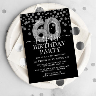 Moderne Black & Silver 60. Überraschung Geburtstag Einladung