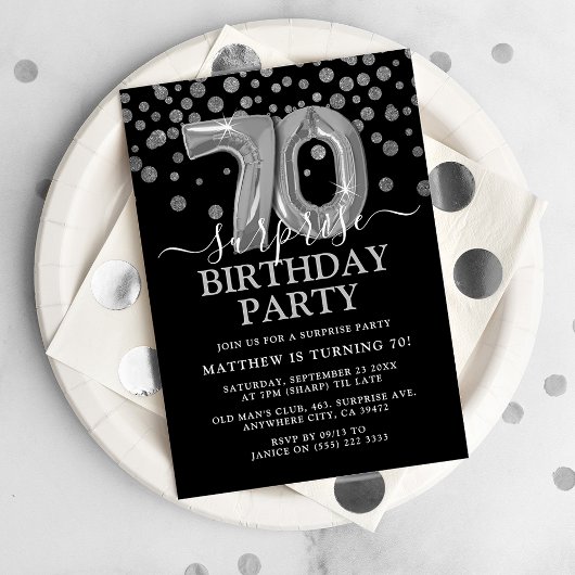 Moderne Black & Silver 70. Überraschung Geburtstag Einladung