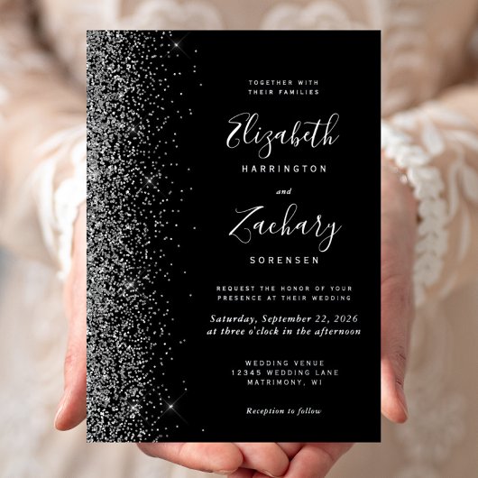 Moderne Black Silver Glitzer Edge Wedding Folieneinladung