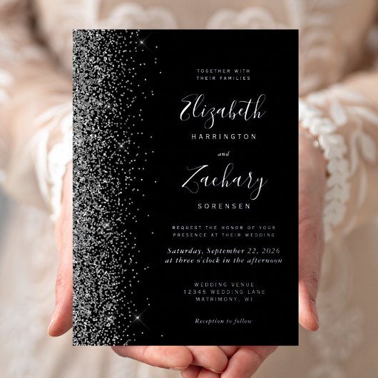 Moderne Black Silver Glitzer Edge Wedding Folieneinladung