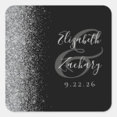 Moderne Black Silver Glitzer Edge Wedding Quadratischer Aufkleber (Vorderseite)