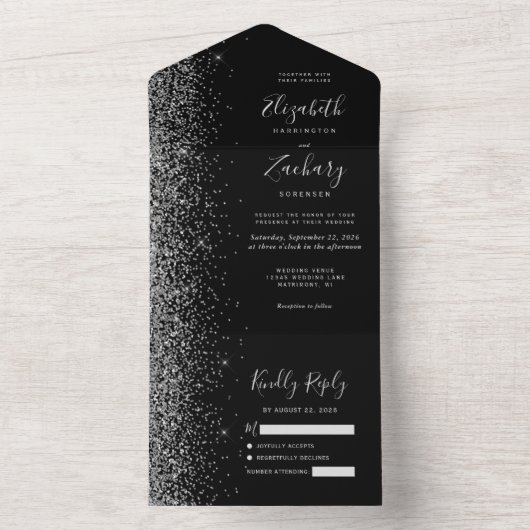 Moderne Black Silver Glitzer Wedding All In One Einladung (Innen Boden)