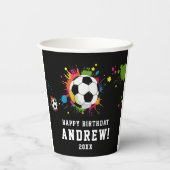Moderne Black Soccer Sport Ball farbenfrohe Spritz Pappbecher (Rückseite)