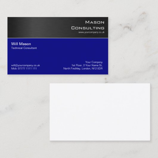 Moderne Black Steel und Dark Blue Business Card Visitenkarte (Vorne/Hinten)