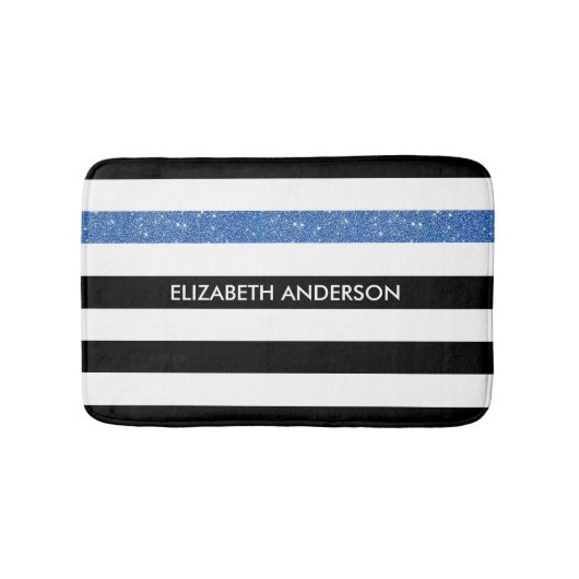 Moderne Black Stripes IMITATE Blue Glitz und Name Badematte (Vorderseite)