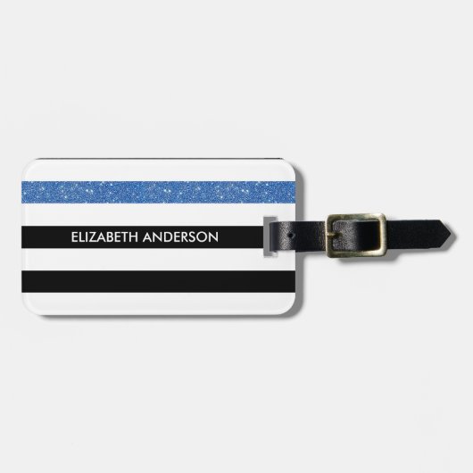 Moderne Black Stripes IMITATE Blue Glitz und Name Gepäckanhänger (Vorderseite horizontal)