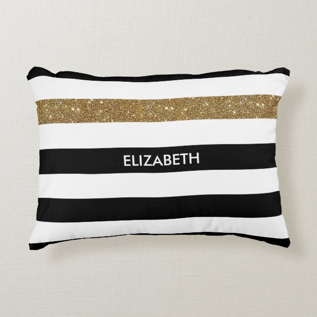 Moderne Black Stripes IMITATE Gold Glitz und Name Dekokissen (Vorderseite)