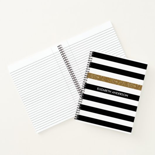 Moderne Black Stripes IMITATE Gold Glitz und Name Notizbuch (Innenseite)