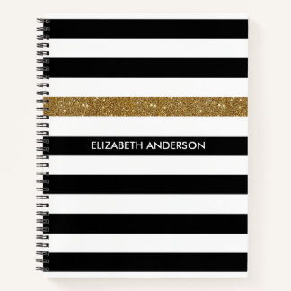 Moderne Black Stripes IMITATE Gold Glitz und Name Notizbuch