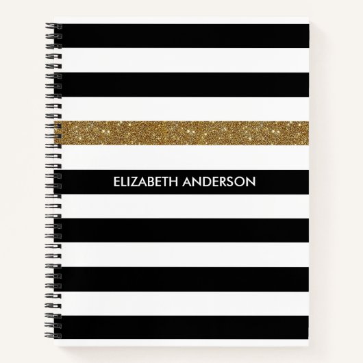 Moderne Black Stripes IMITATE Gold Glitz und Name Notizbuch (Vorderseite)
