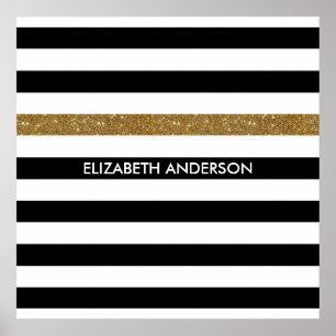 Moderne Black Stripes IMITATE Gold Glitz und Name Poster