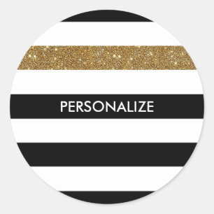 Moderne Black Stripes IMITATE Gold Glitz und Name Runder Aufkleber