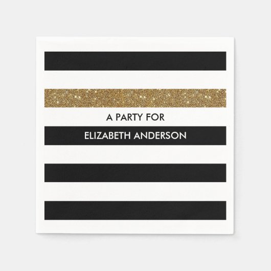 Moderne Black Stripes IMITATE Gold Glitz und Name Serviette (Vorderseite)