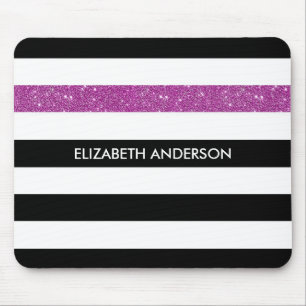 Moderne Black Stripes IMITATE Lila Glitz und Name Mousepad