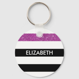 Moderne Black Stripes IMITATE Lila Glitz und Name Schlüsselanhänger
