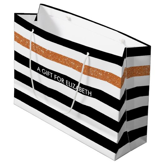 Moderne Black Stripes IMITATE Orange Glitz und Nam Große Geschenktüte (Vorderseite Schrägansicht)
