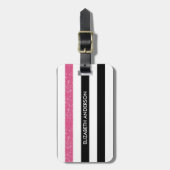 Moderne Black Stripes IMITATE Rosa Glitz und Name Gepäckanhänger (Vorderseite vertikal)