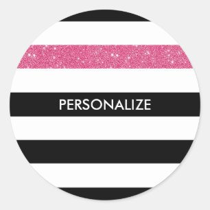 Moderne Black Stripes IMITATE Rosa Glitz und Name Runder Aufkleber