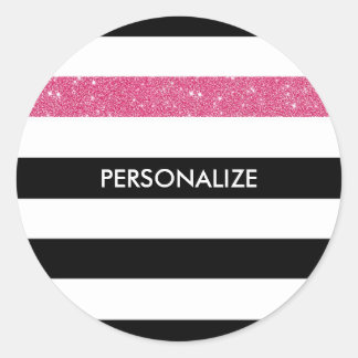 Moderne Black Stripes IMITATE Rosa Glitz und Name Runder Aufkleber