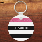 Moderne Black Stripes IMITATE Rosa Glitz und Name Schlüsselanhänger (Vorderseite)