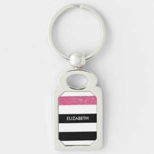 Moderne Black Stripes IMITATE Rosa Glitz und Name Schlüsselanhänger