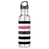 Moderne Black Stripes IMITATE Rosa Glitz und Name Trinkflasche (Vorderseite)