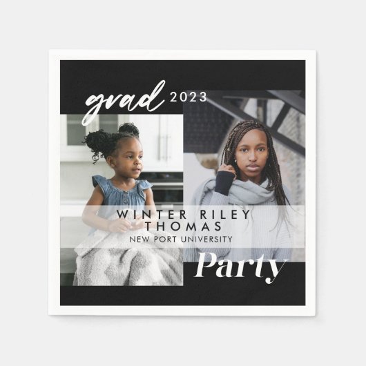 Moderne Black Then & Now - Zwei-Foto-Graduierungsp Serviette (Vorderseite)