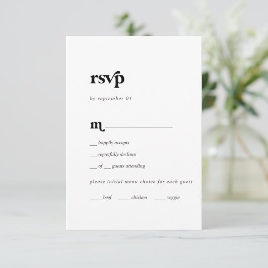 Moderne Black Typografy Menu RSVP Card (Stehend Vorderseite)